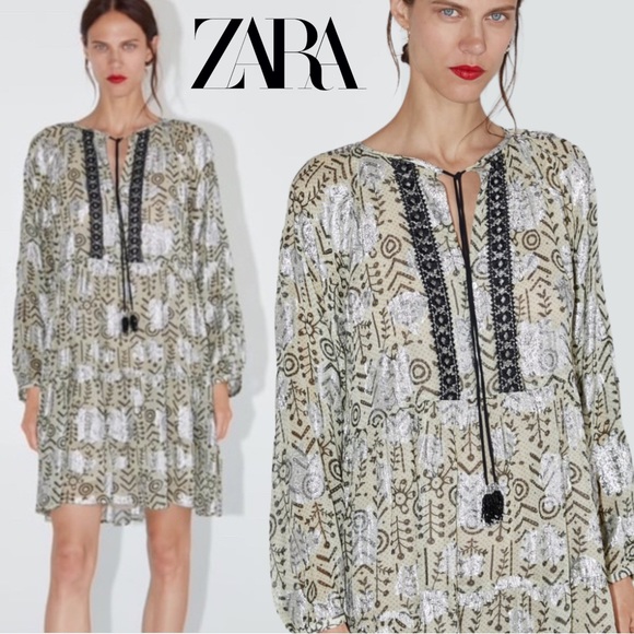 Zara Dresses & Skirts - ZARA Boho Silver Metallic Split Neck Tunic Dress Embroidered Bead Tassels XS